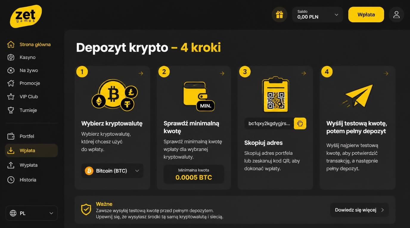 kroki procesu wpłaty kryptowalutą, testowa i pełna wpłata