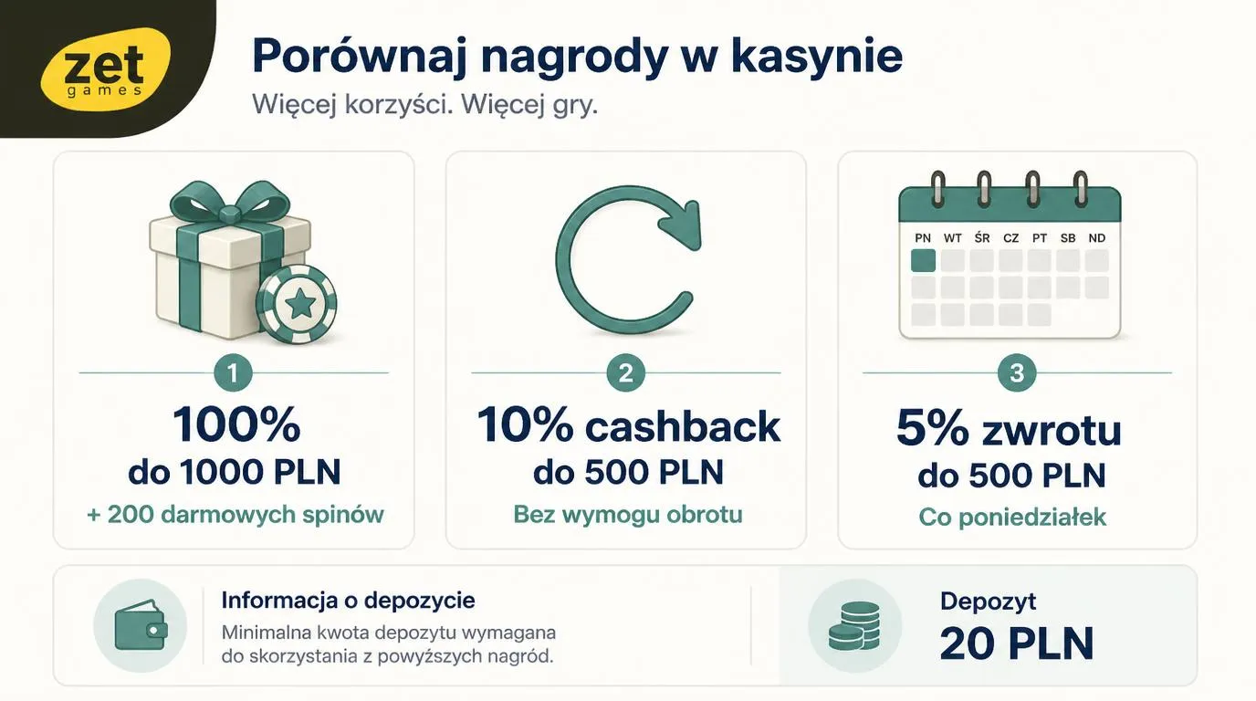 Panel promocji kasynowych z bonusem powitalnym, cashbackiem 10% i kalendarzem poniedziałkowych nagród