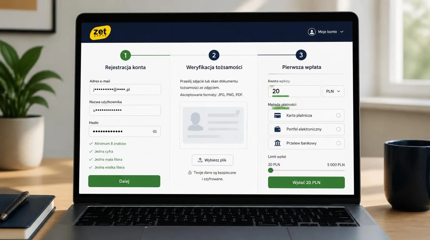 Panel rejestracji, przesyłania dokumentu tożsamości i pierwszej wpłaty w PLN na ekranie laptopa
